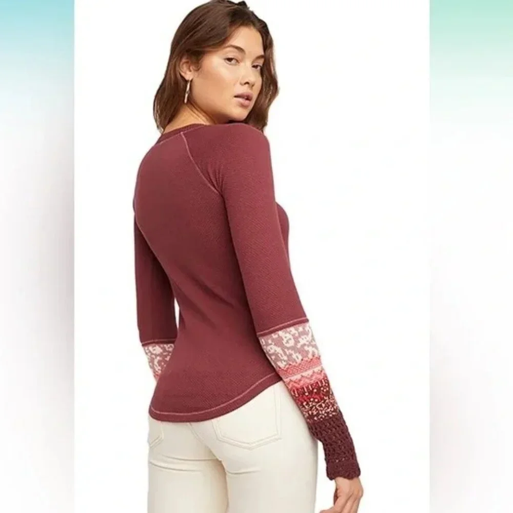 EUC Free People In The Mix Crochet Sleeve Top, Small, Rio Vino (Burgundy)